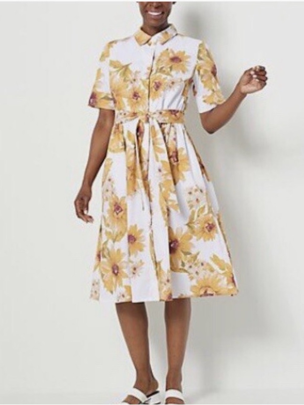 Jason Wu White Midi Shirt Dress with Yellow Floral Print